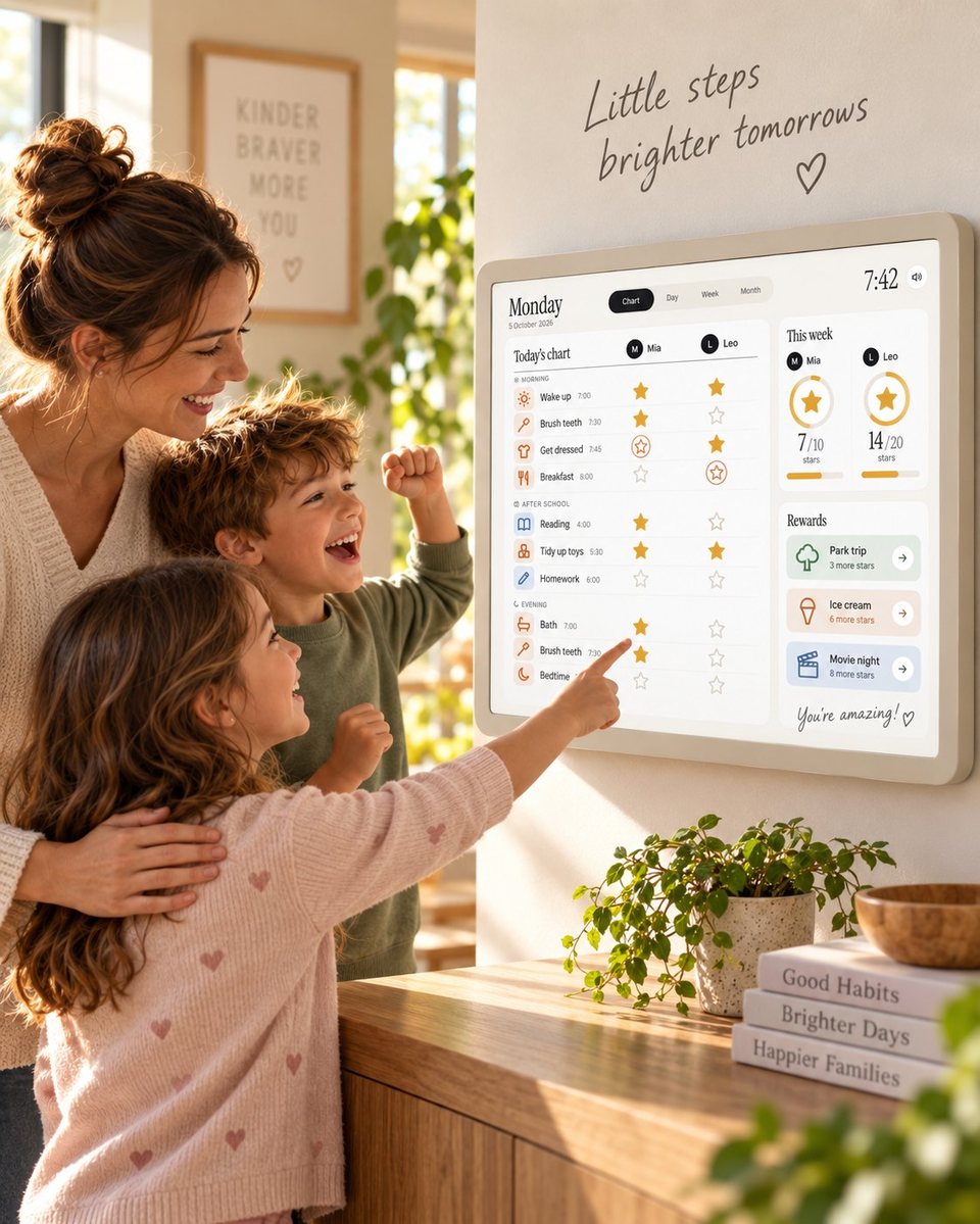 A family cheers at the star chart