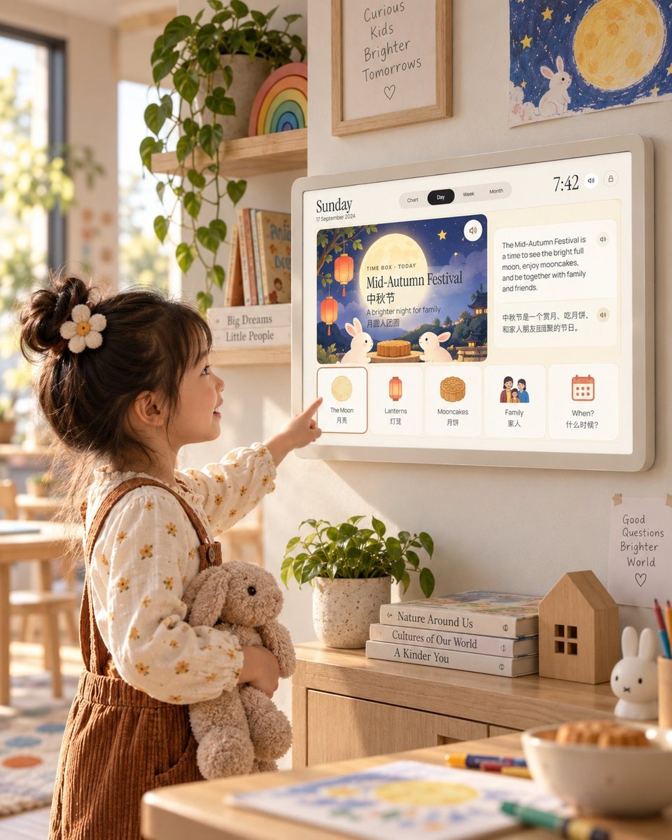 A girl points at the Mid-Autumn Festival Time Box